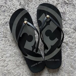 Tory Burch Black and Gray Logo Flip Flops with Gold Logo